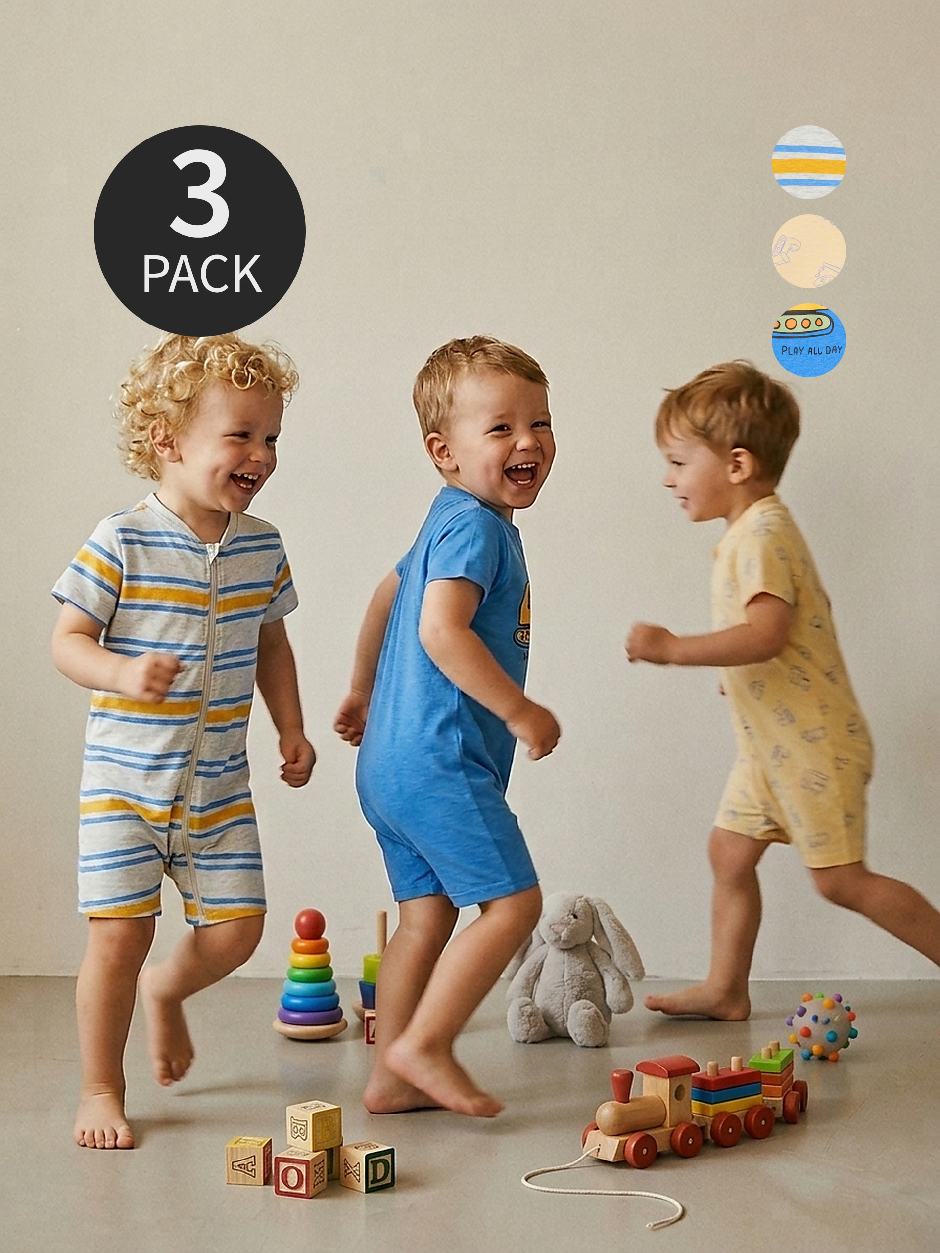 Bawełniane rampersy z nadrukiem pojazdów 3 pack