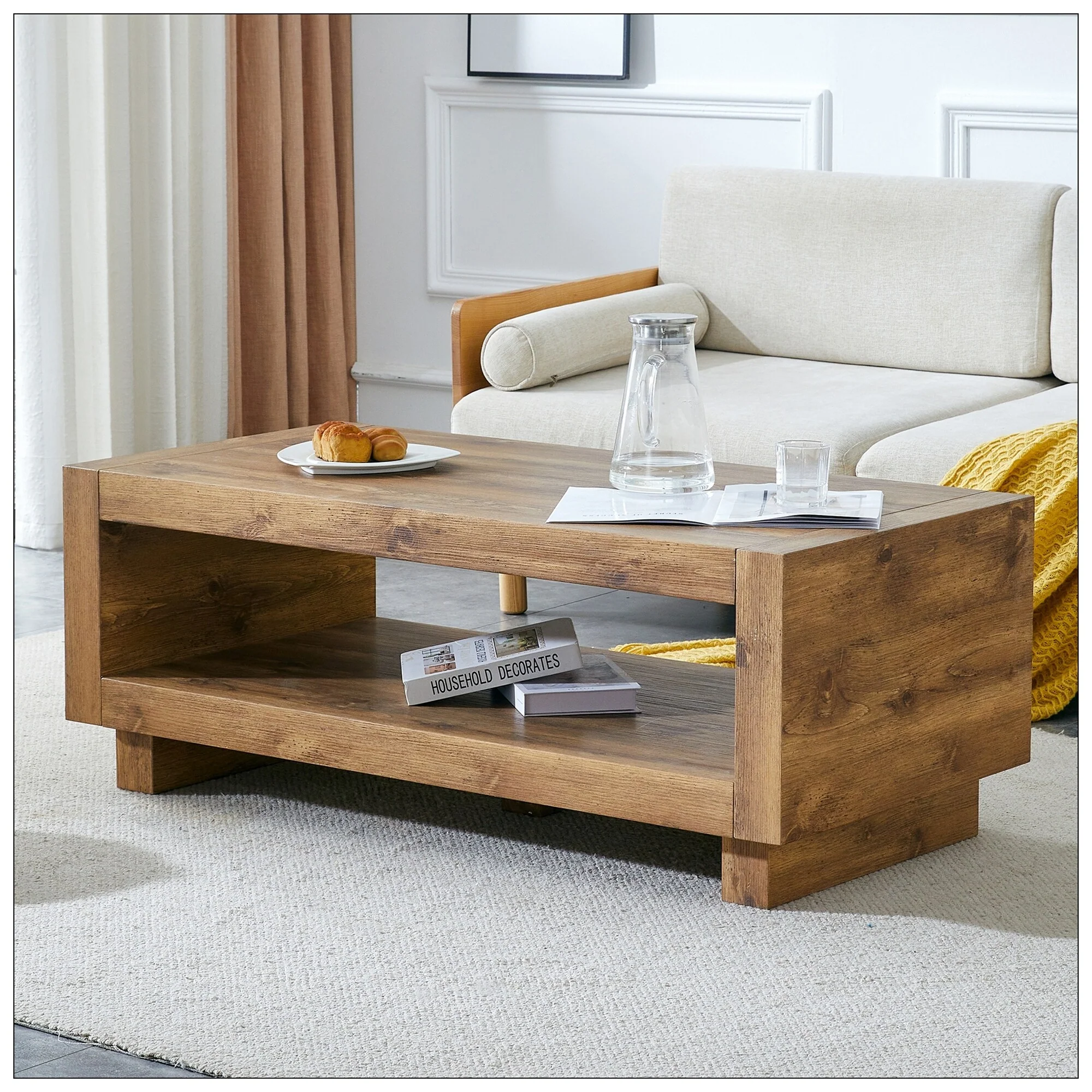 A modern minimalist MDF natural wood-colored rectangular coffee table