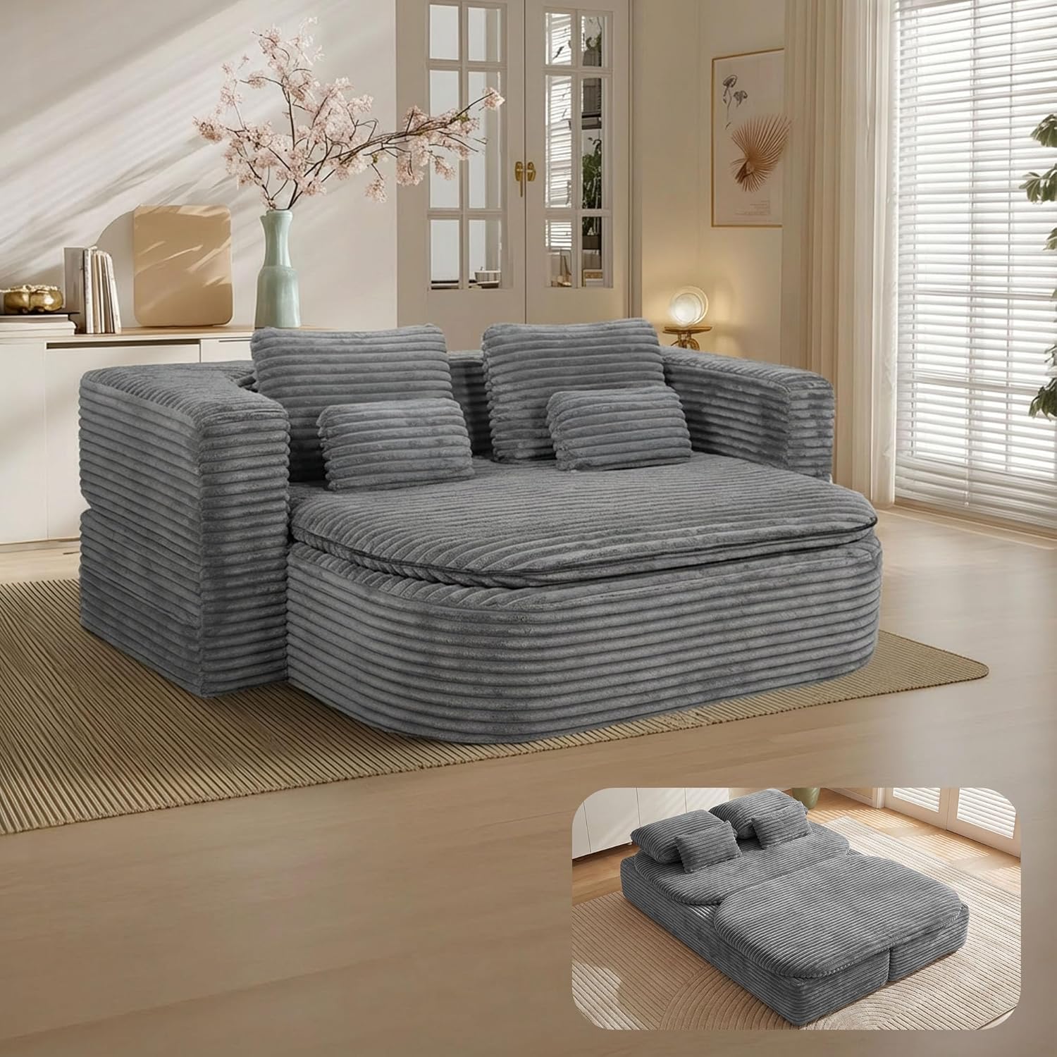 75'' Folding Sleeper Sofa Bed, Memory Foam Fold Out Couch, Boneless Foldable Full Size Guest Bed Mattress, Modern 2-in-1 Floor Deep Seat Sleeper Sofa with 4 Pillows and Blanket (Corduroy, Gray)