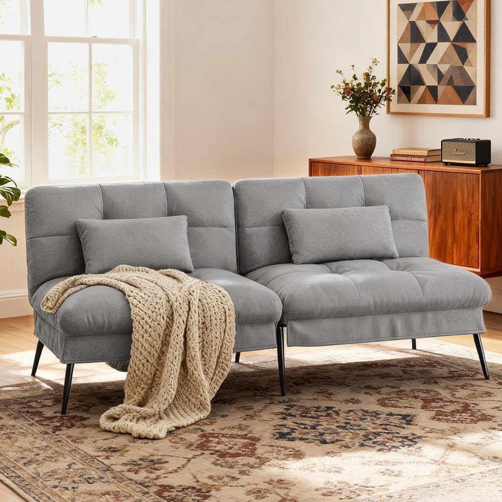 COMHOMA Convertible Futon Sofa Bed, 72″Fabric Futons Couch with Adjustable Backrest, Folding Sleeper Recliner for Living Room Furniture (Grey)