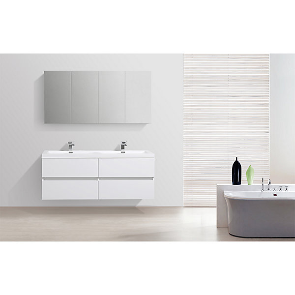 Armoire de toilette bloc-miroir SIENA largeur 144 cm blanc laque