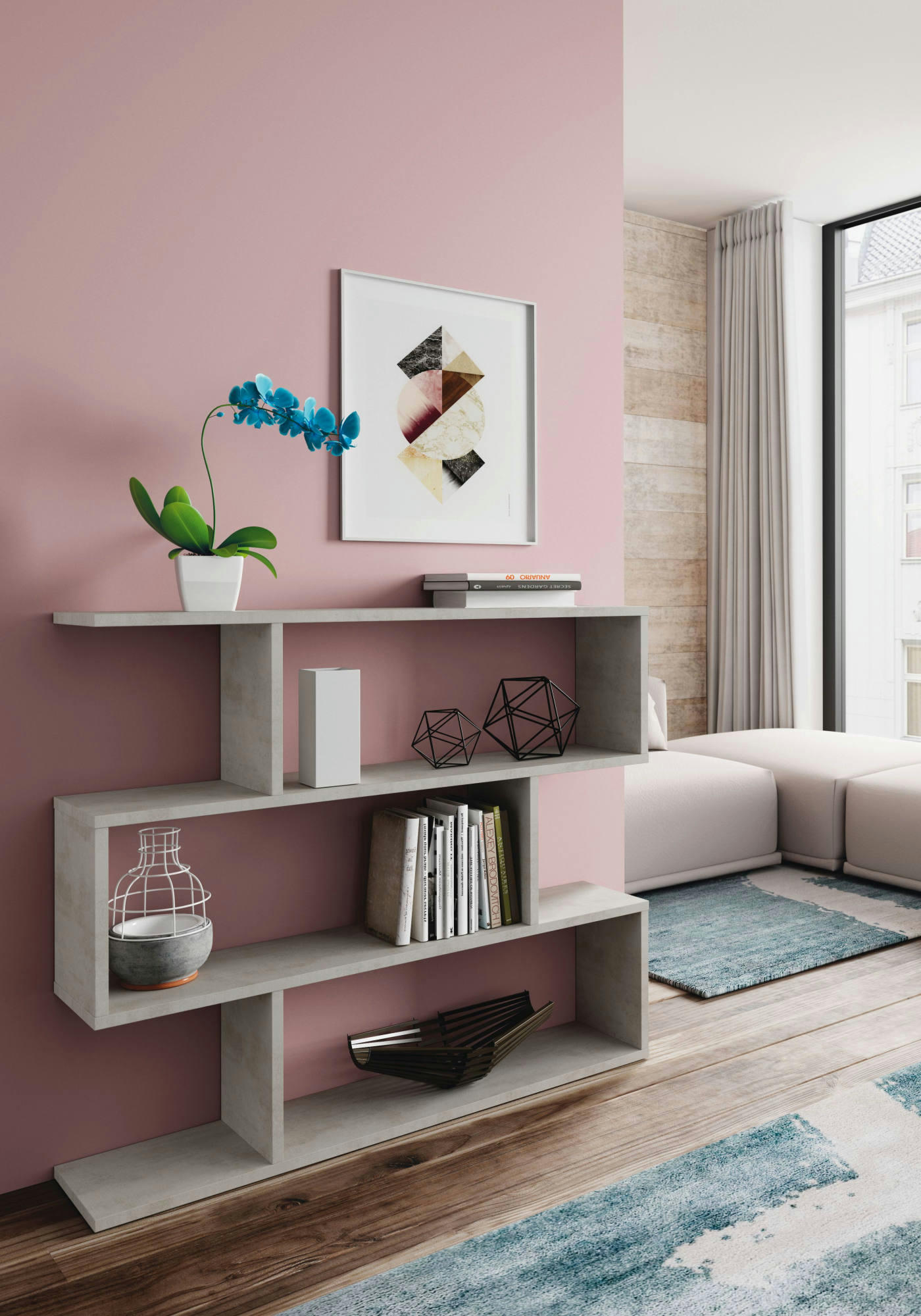 DFANES - Bibliothèque à trois compartiments effet bois gris béton