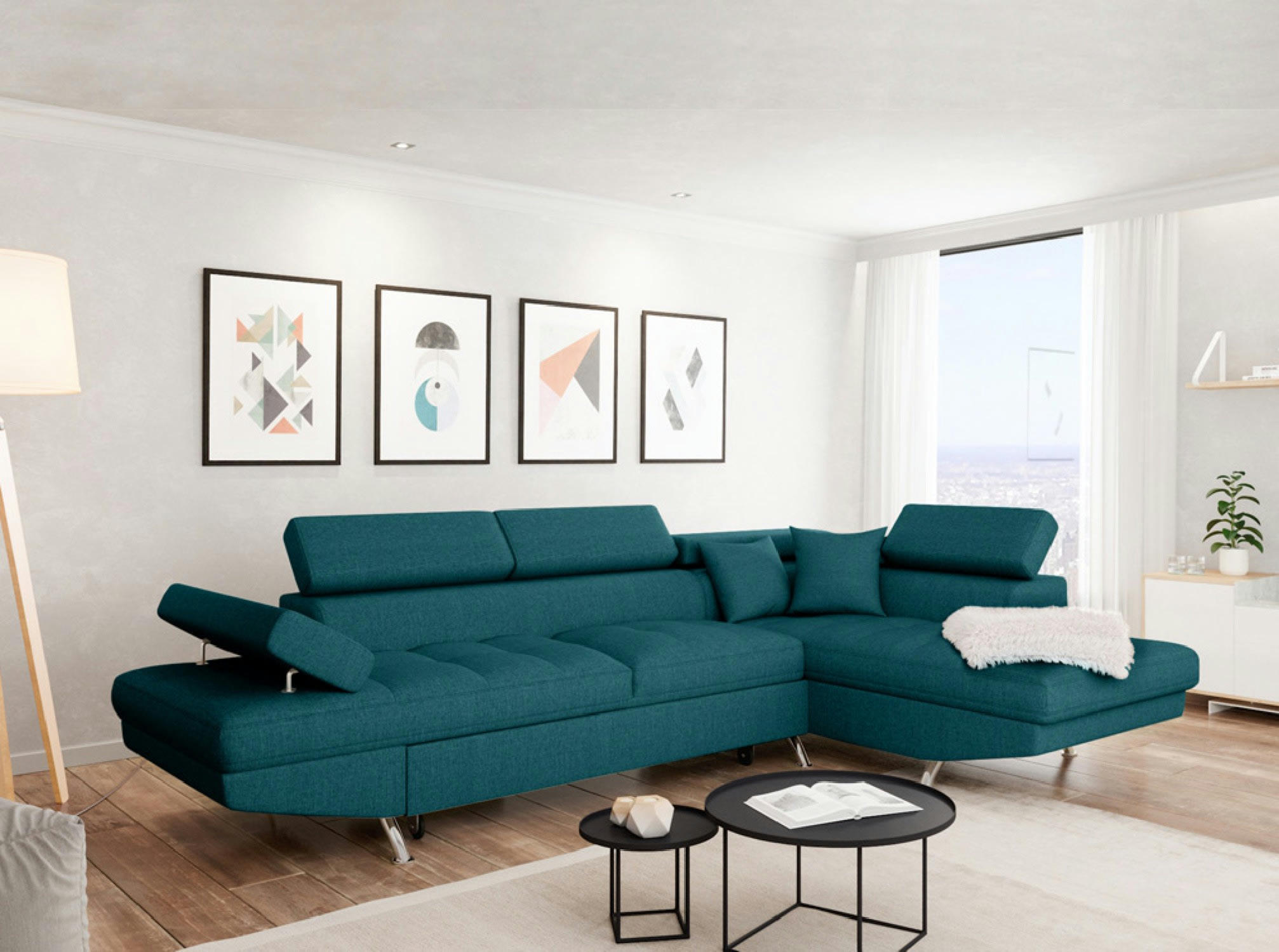 RIO - Canapé angle droit convertible avec coffre en tissu - Bleu canard