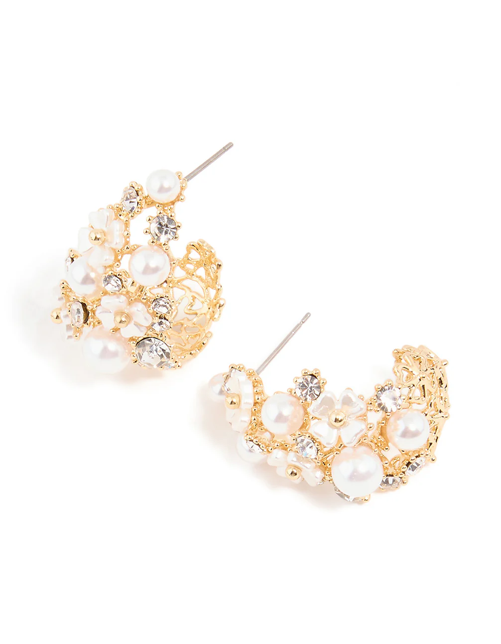 Gold Plated Flower Diamante Pearl Graduating Hoop
