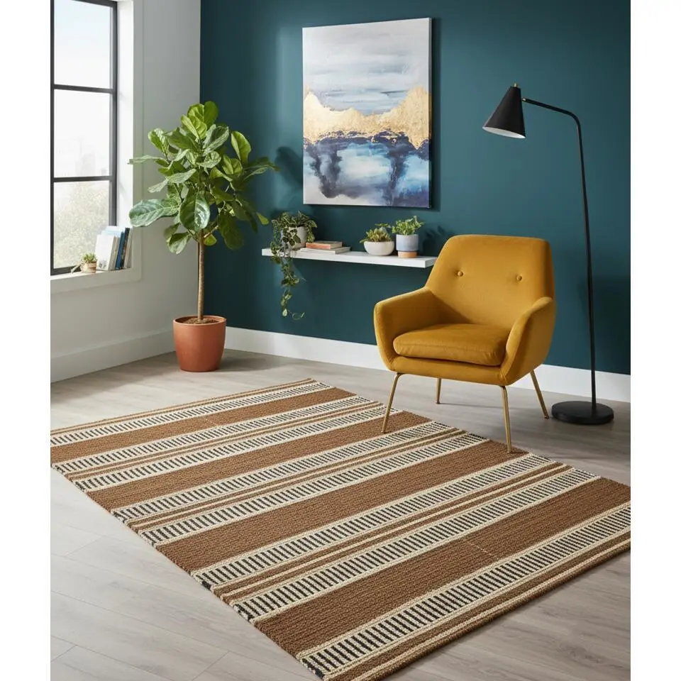 Rechthoekig katoenen tapijt met bruine en ecru motieven 90 x 60 cm