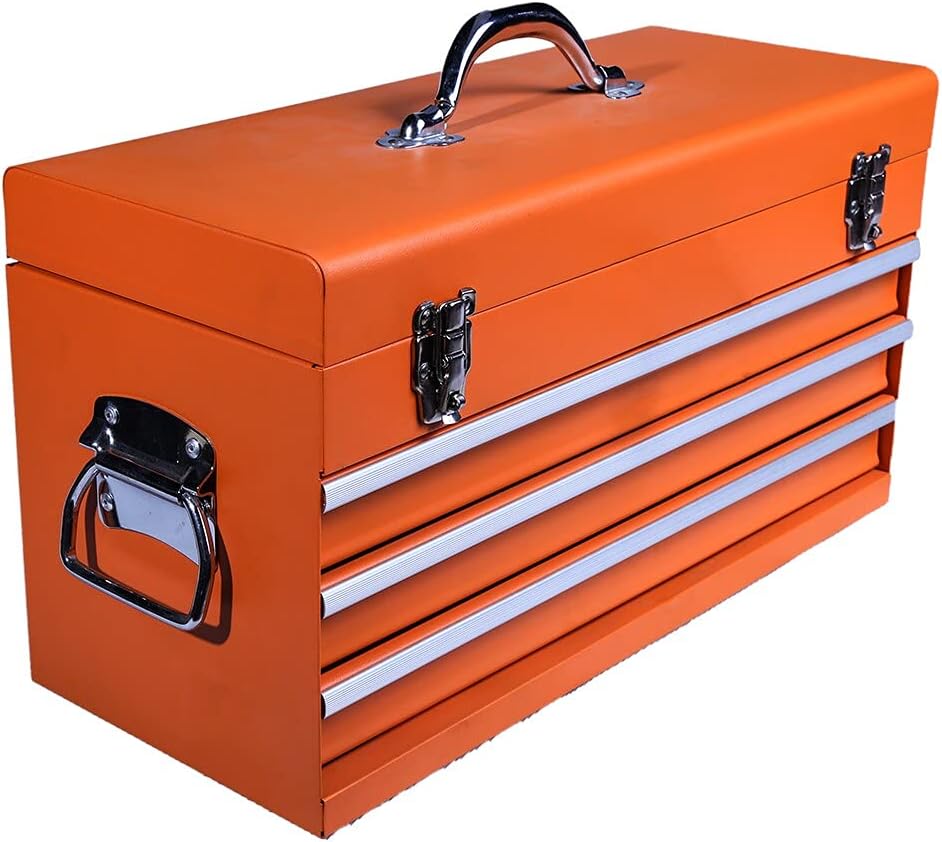 Edward Tools Portable Metal Tool Box with Drawers 20”- Keyed Center Lock for Security - Powder Coated Scratch Resistant Finish - Heavy duty chest latches - Full Extension Drawers