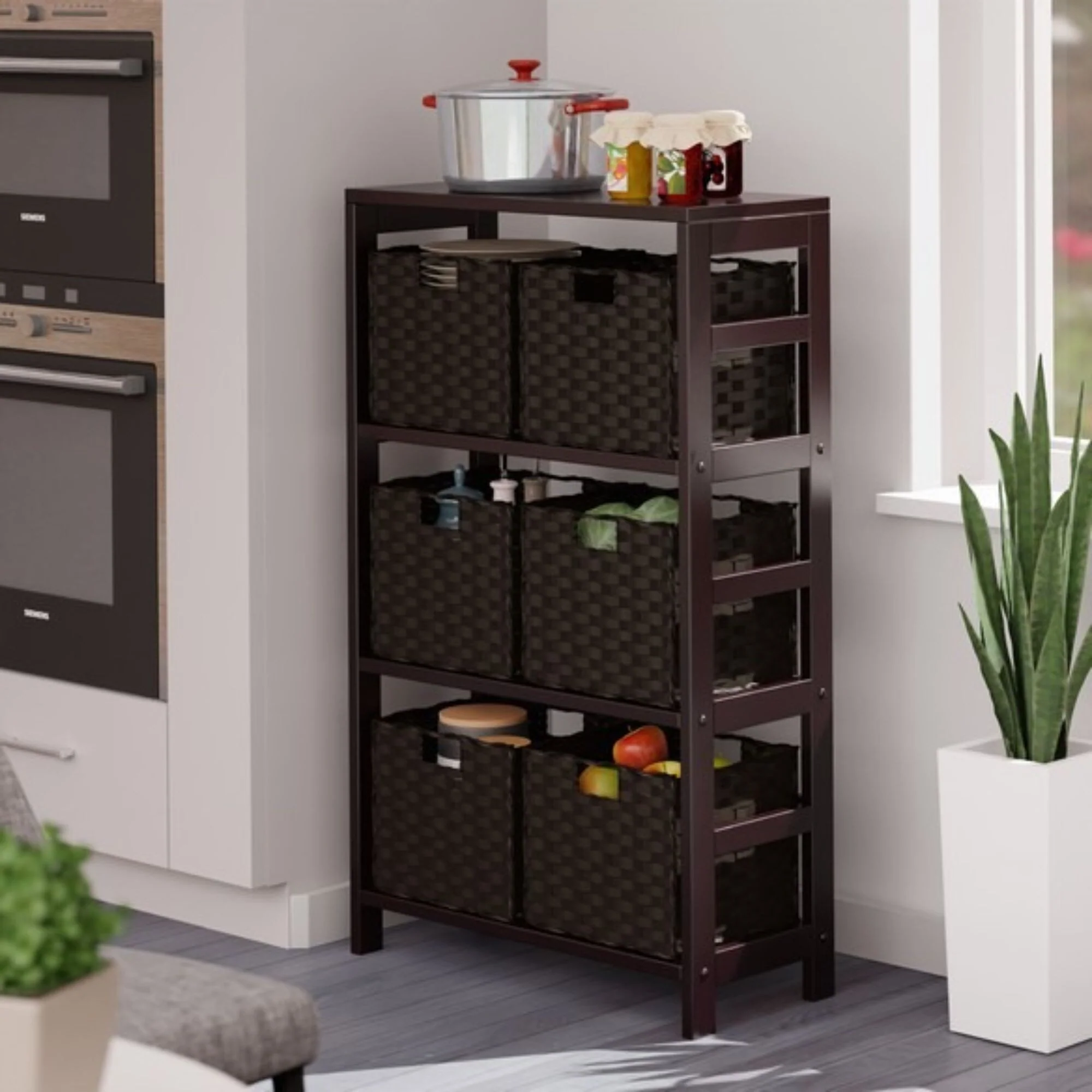 7 Pc Storage Shelf 6 Foldable Woven Baskets 42 Espresso Chocolate