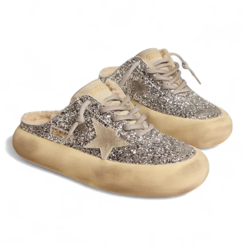 Space-Star Sabot shoes in silver glitter with shearling lining