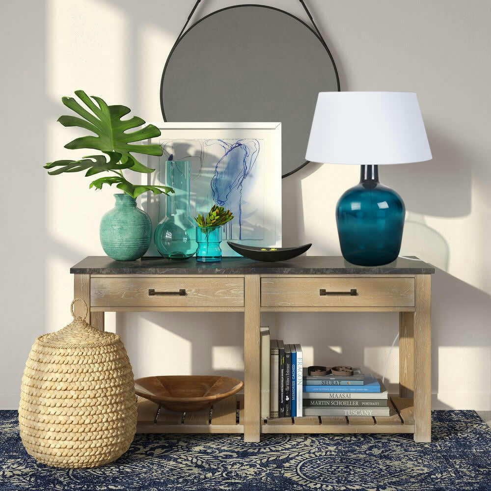 BORDEAUX - Lampe a poser verre bleu et blanc