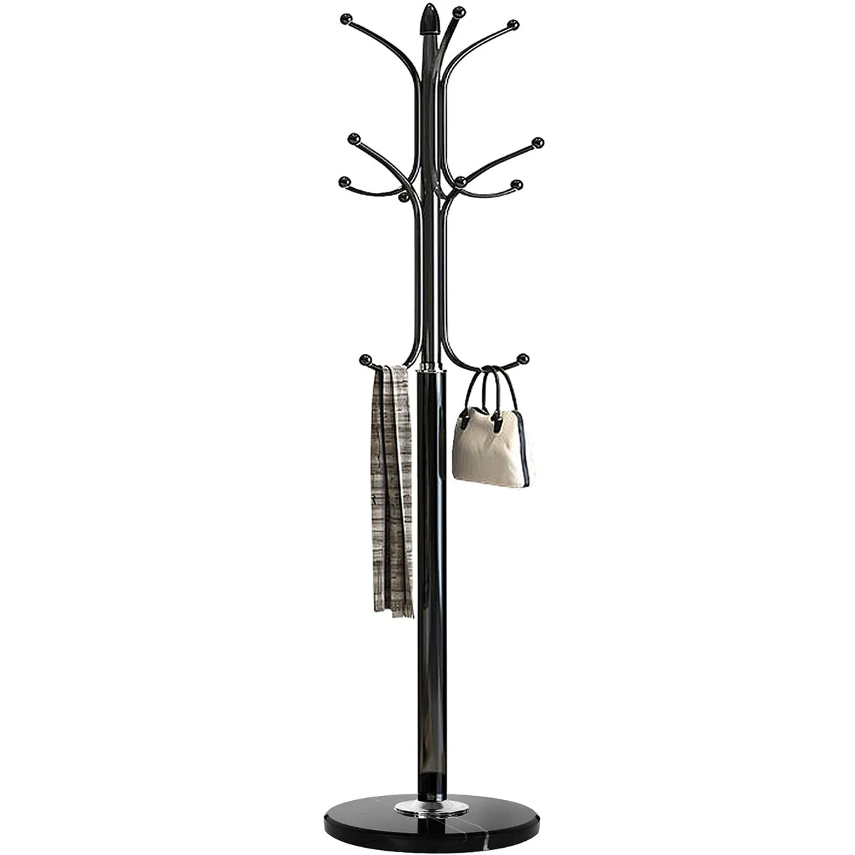 Metal Coat Rack Stand with Natural Marble Base, Free Standing Hall Tree with 12 Hooks for Hanging Scarf, Bag
