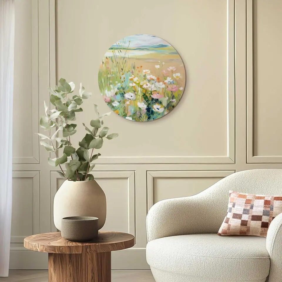 Glasschilderij Bloemenveld in Zomerlicht - &Oslash; 50 - Groen