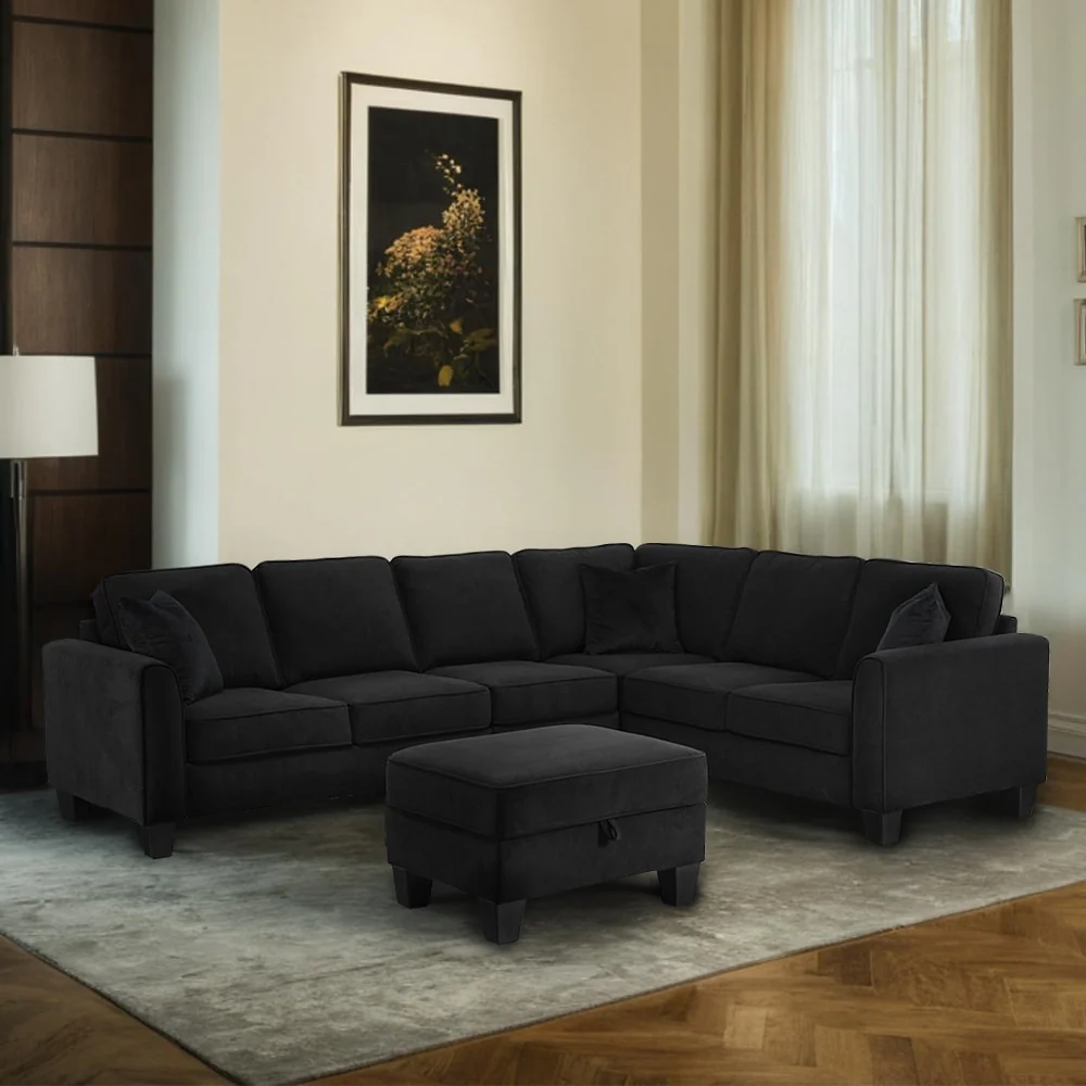 112 Width Black L-Shape Sectional Livingroom Modular Sofa With Storage Ottoman