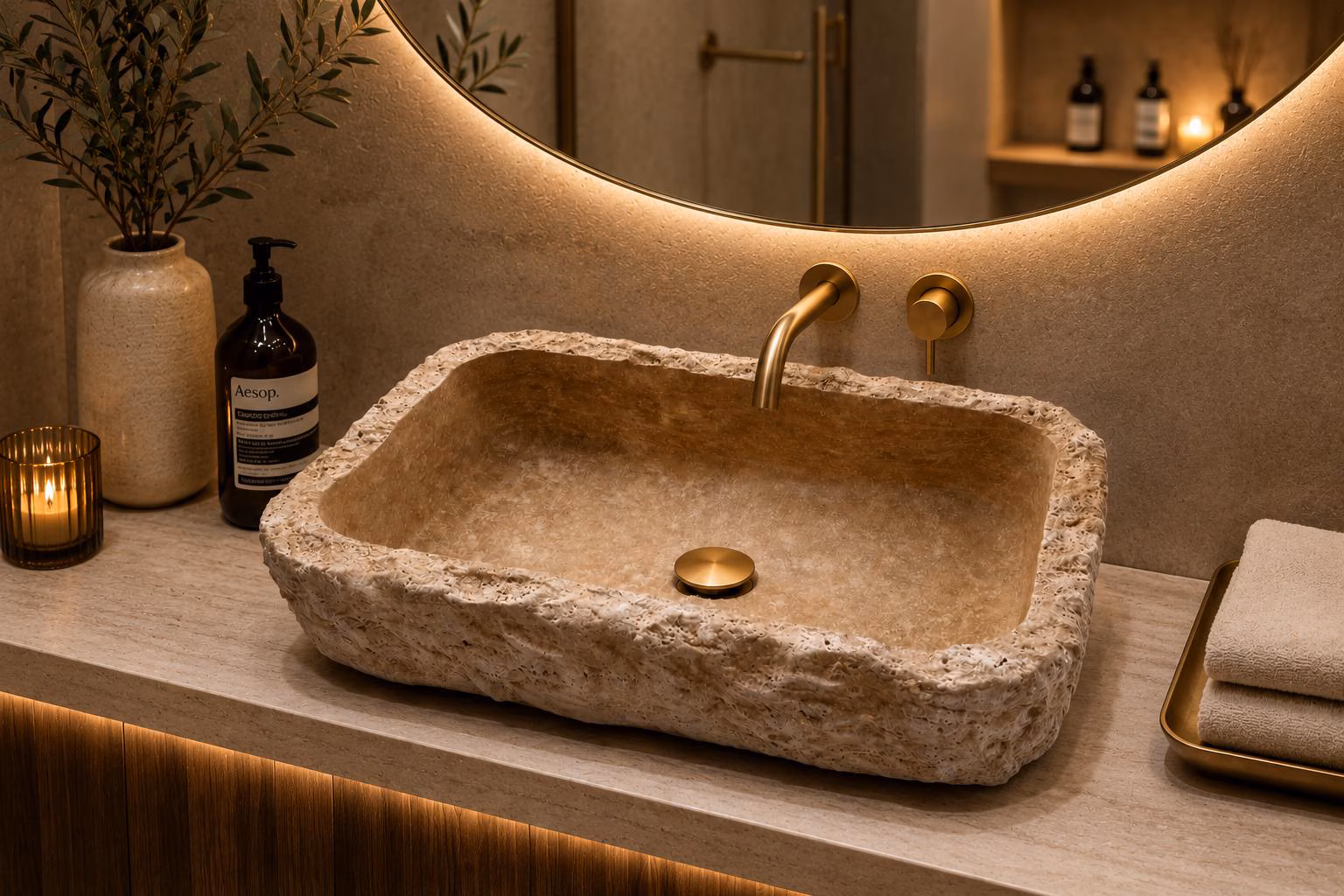 Natural Travertine Vessel Sink – Handcrafted Rustic Stone Countertop Bathroom Washbasin
