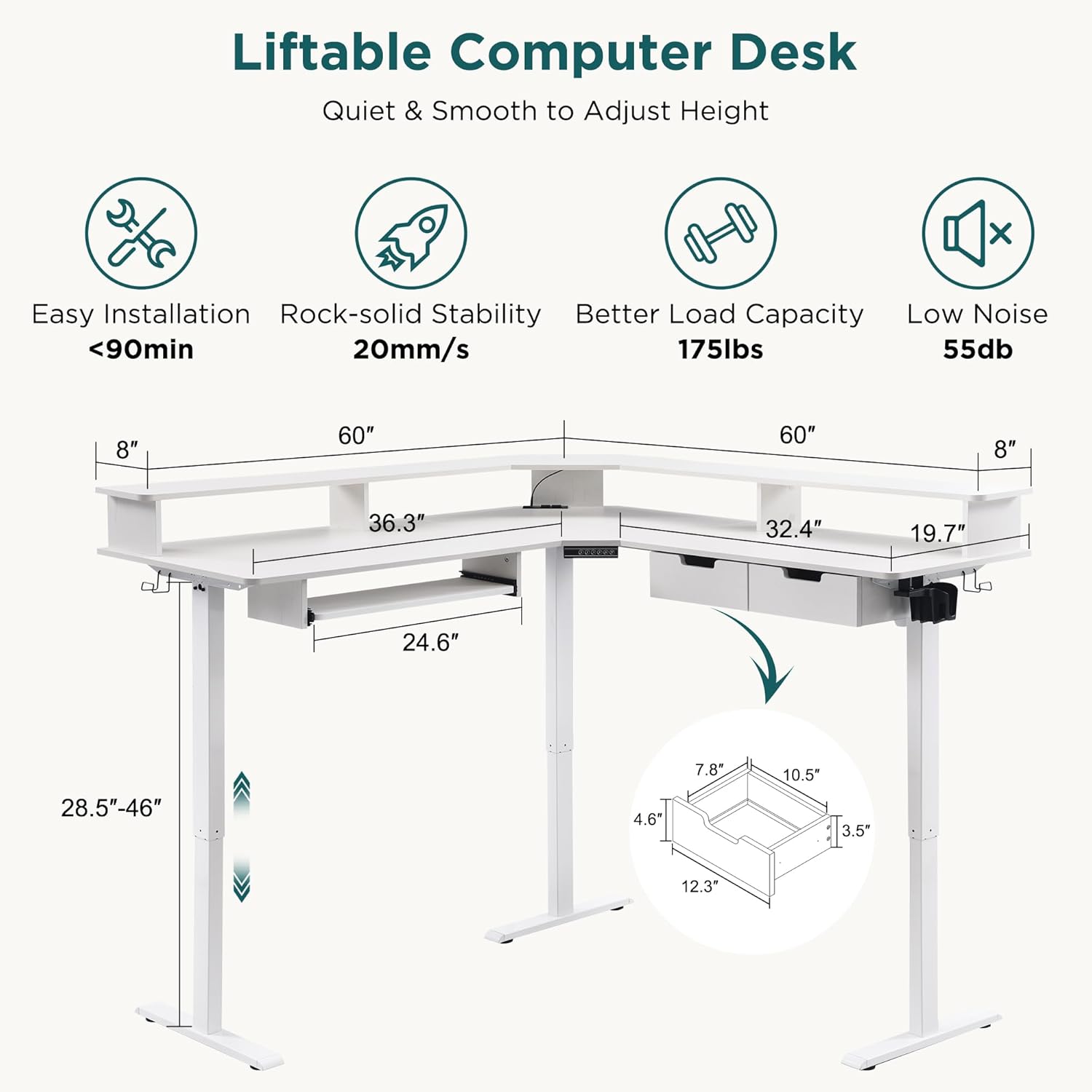 RedLemon Electric L Shaped Standing Desk, 60 Motor Height Adjustable Sit Stand Corner Desk with Led, Large Home Office Desk Computer Workstation, Antique White