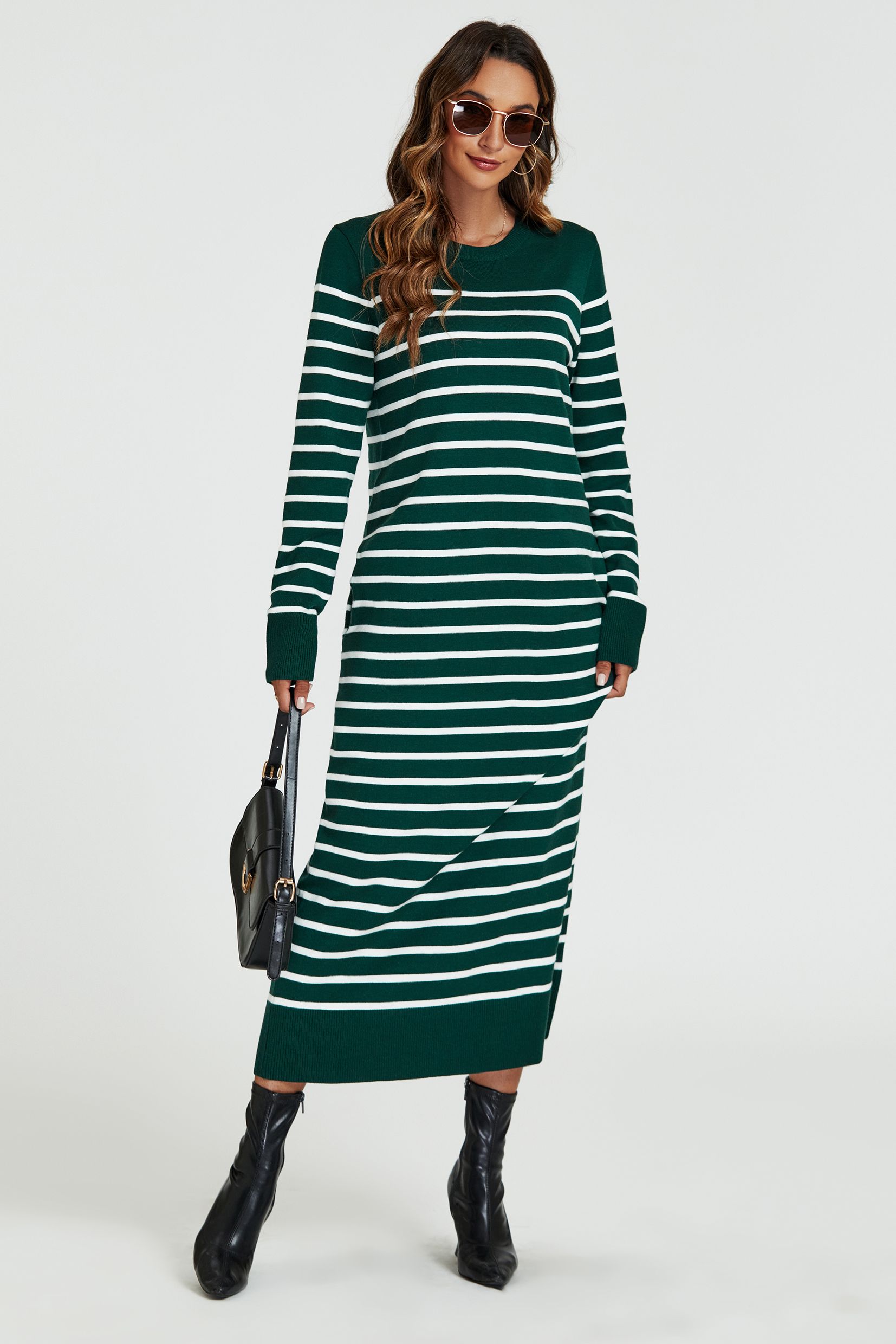 FS Collection Stripe Pattern Knitted Tunic Jumper Dress In Dark Green