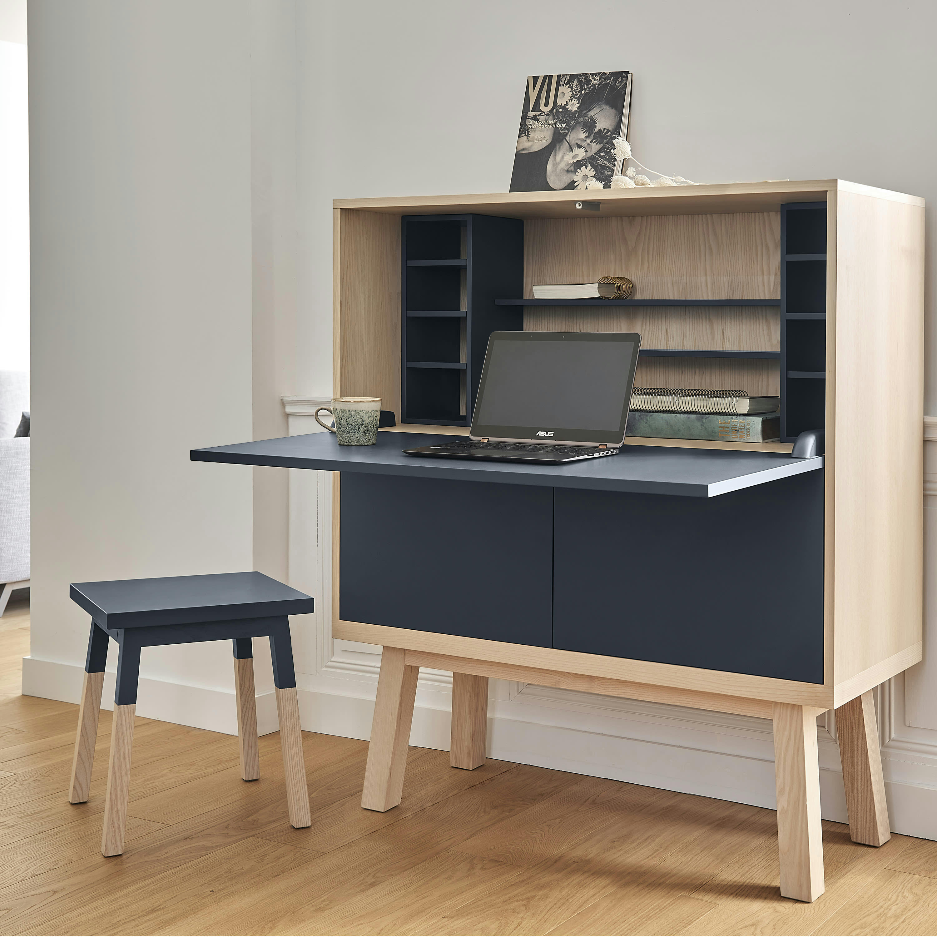 KUBE - Bureau secrétaire avec rangement, 120 cm de large, en frêne