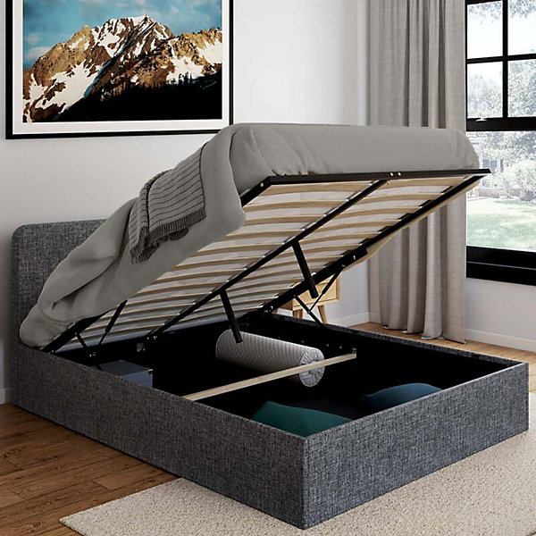 Lit Double 140x190 cm en Tissu Gris Anthracite avec Coffre et Sommier