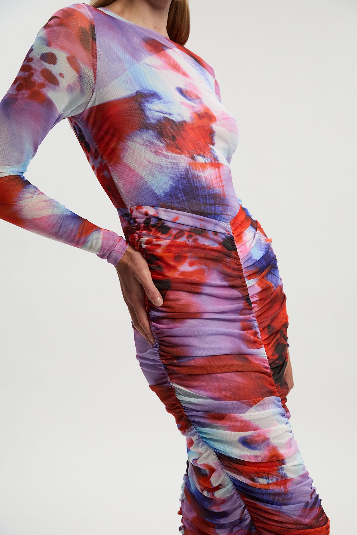 KarenMillen Floral Printed Mesh Ruched Long Sleeve Maxi Dress