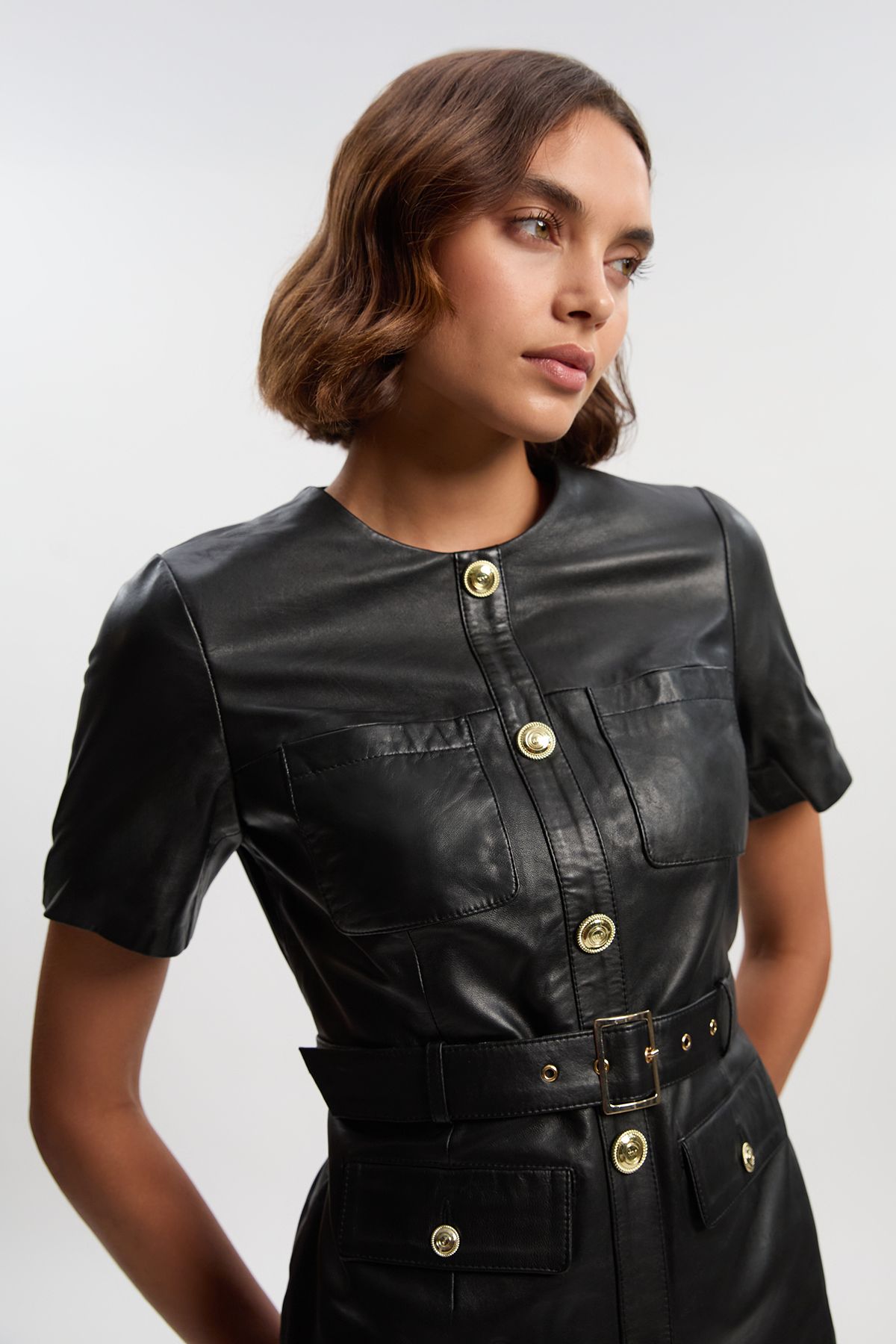KarenMillen Leather Pocket Belted Mini Dress