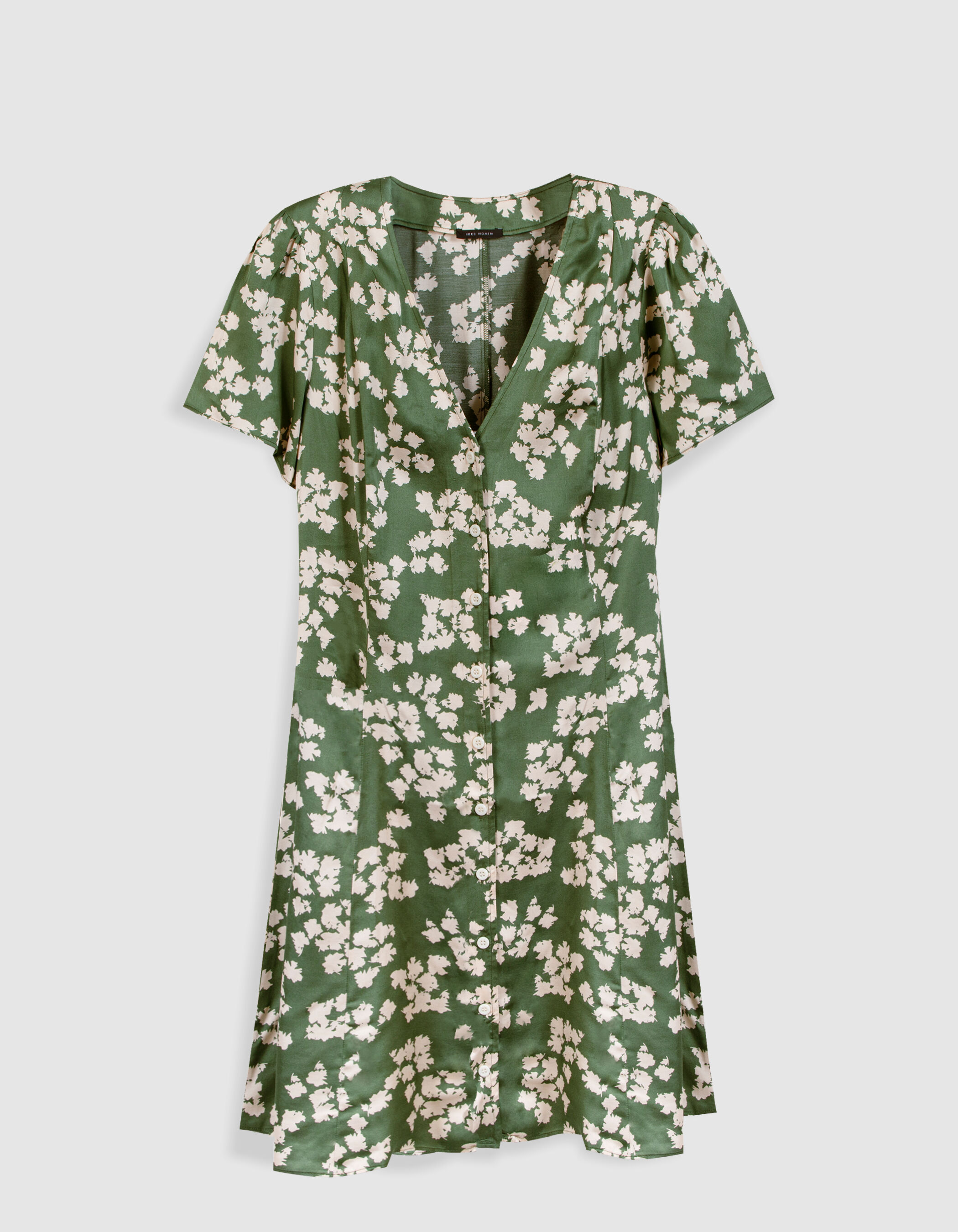 Robe courte vert satiné imprimé feuilles Femme