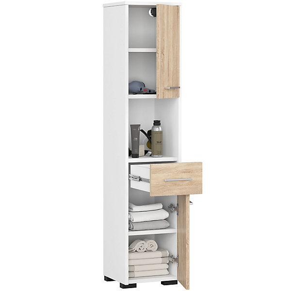 Colonne salle de bains AKORD FIN Blanche 30 cm 2 portes 1 tiroir façade Chêne Sonoma 5 étagères 30x30x140 cm