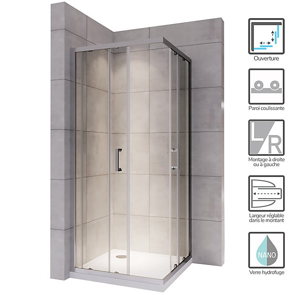 Cabine de douche LANA portes coulissantes H.180 cm verre 6 mm transparent 85 x 85 cm - Saniverre