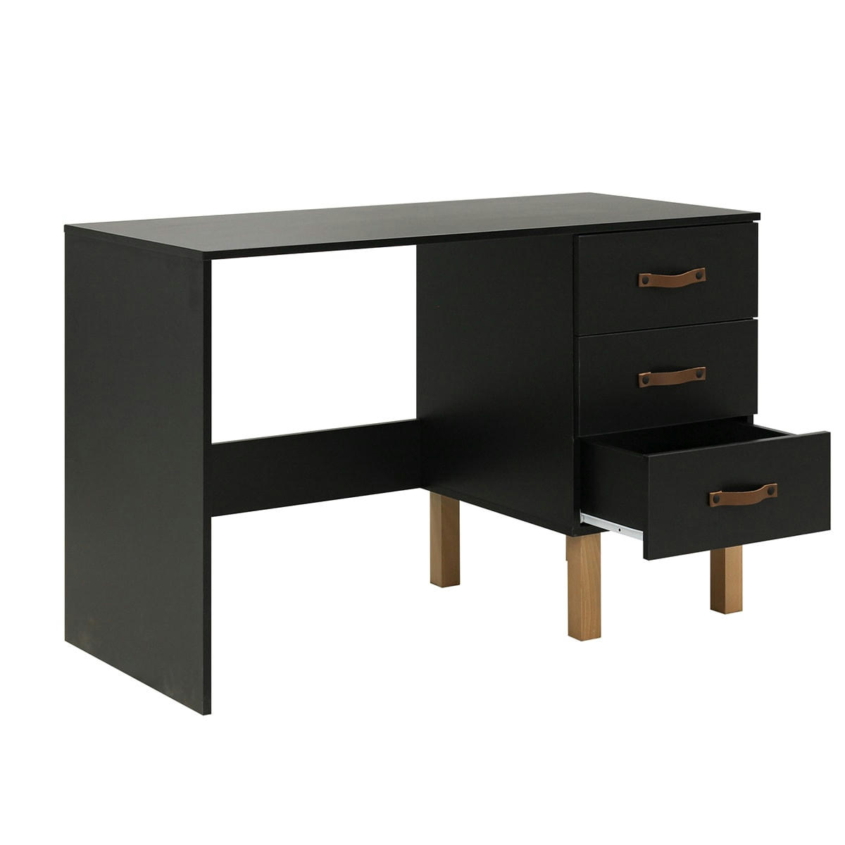 FLORIS - Bureau 3 tiroirs noir mat naturel