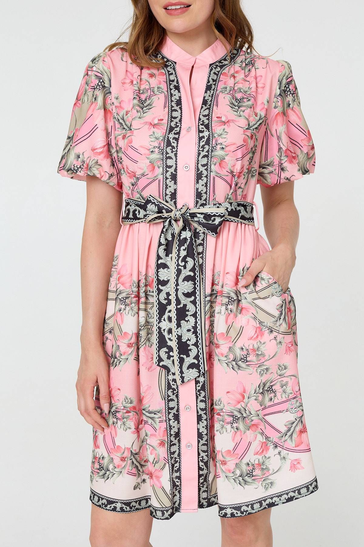 Izabel London Border Print Tie Waist Short Dress