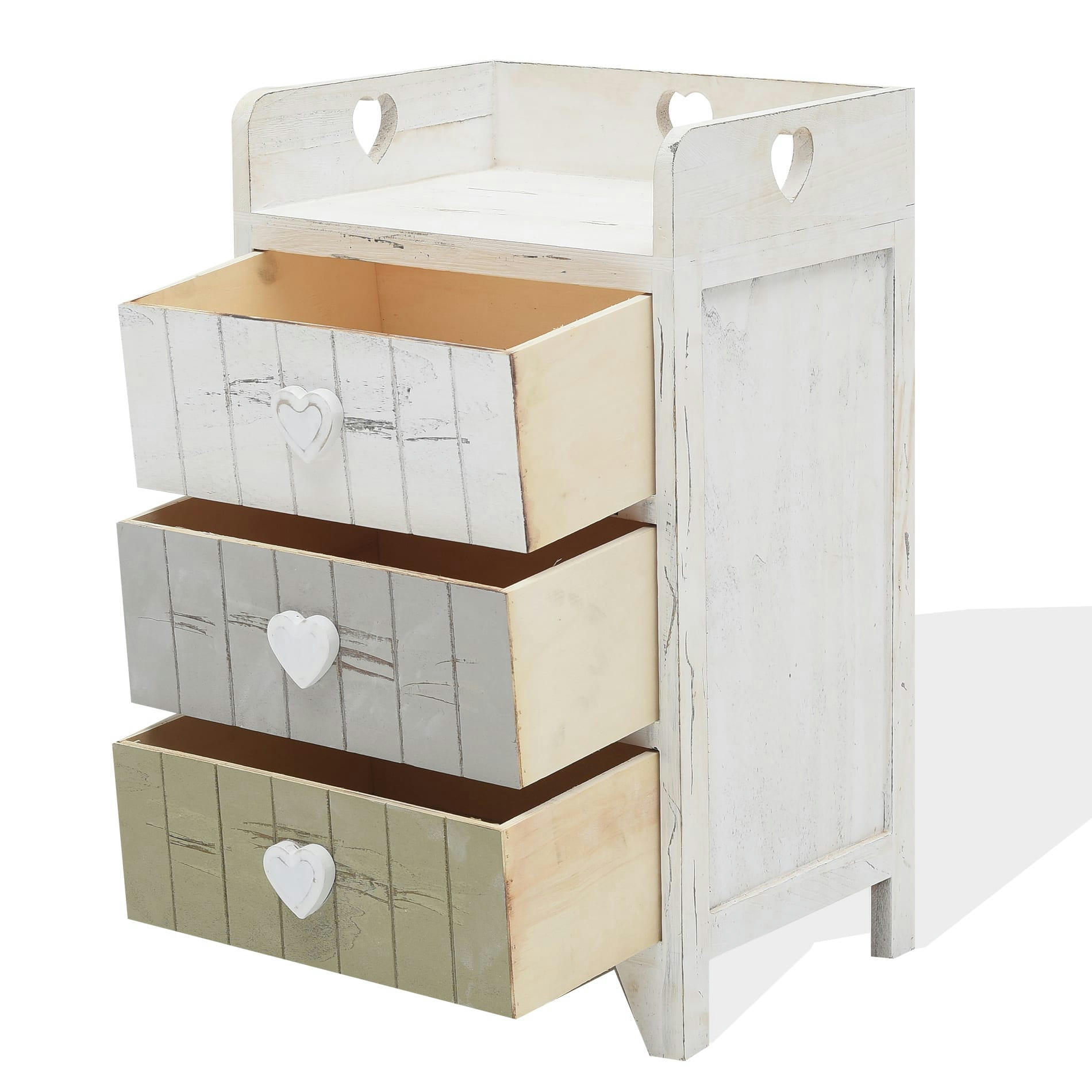 - Table de chevet coeur avec 3 tiroirs effet bois blanc beige et gris