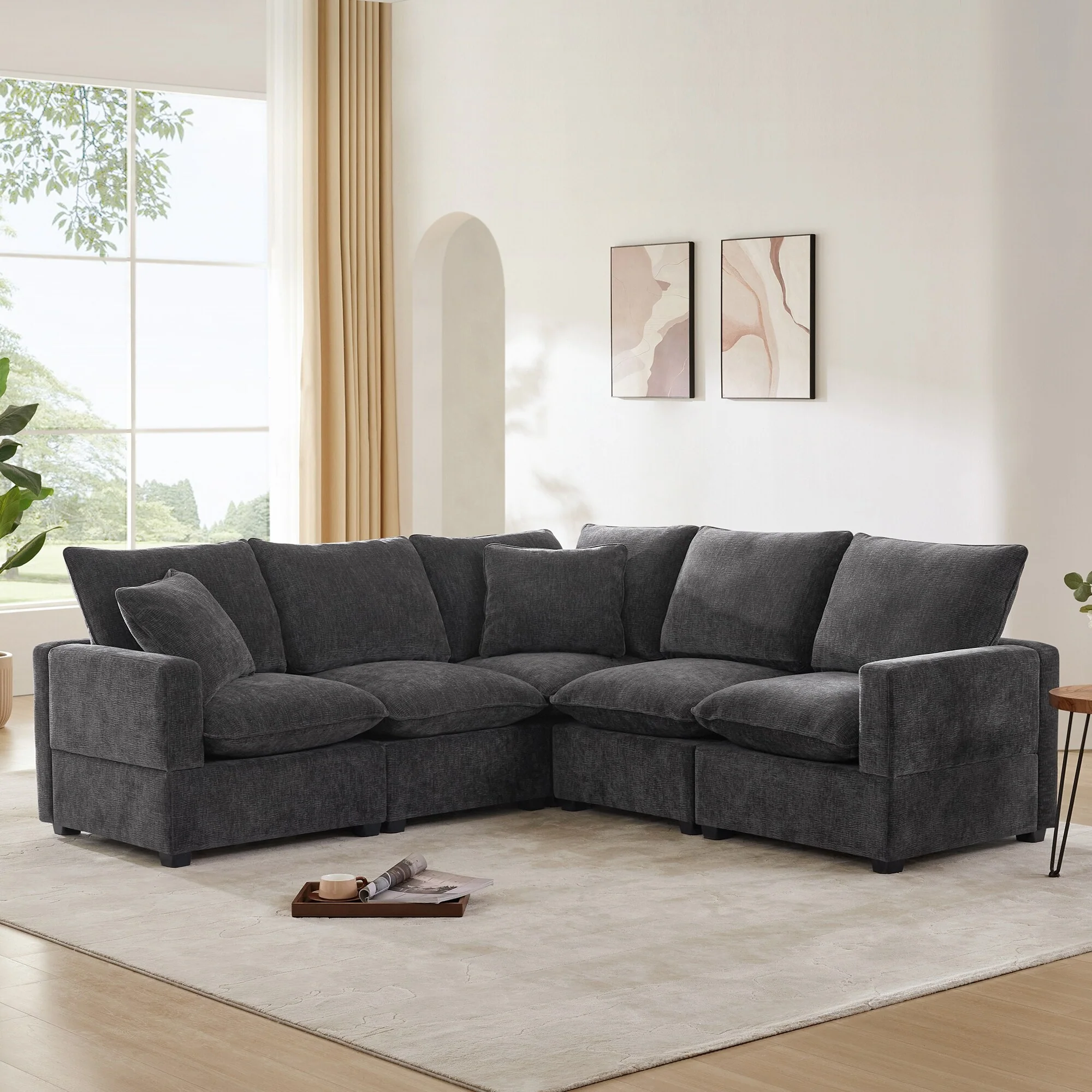 84 Modular Chenille 4-Seat Sectional Sofa Set with Ottoman and 2 Pillows, Ideal for Living Room or Office