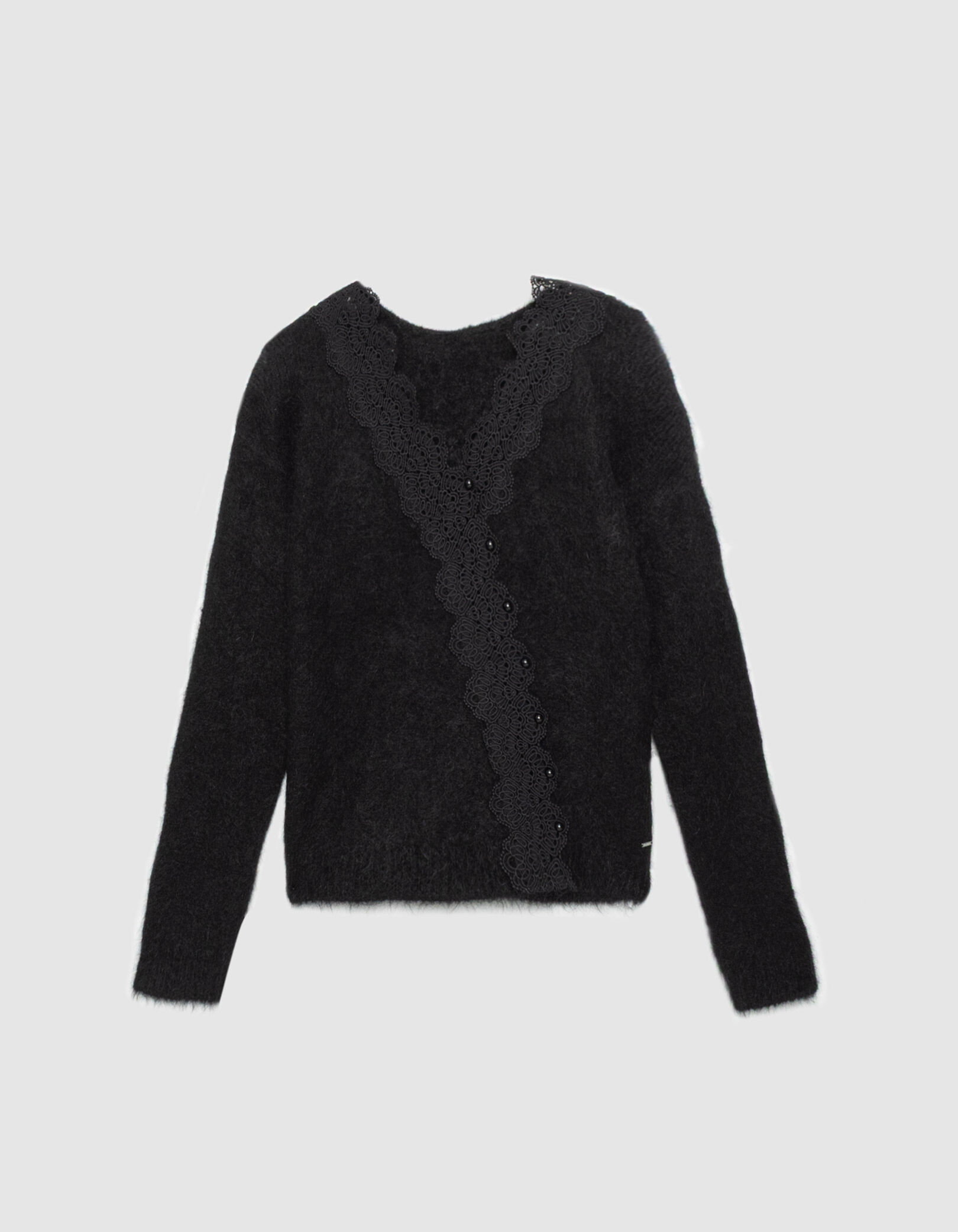 Pull noir tricot dentelle réversible devant/dos Femme