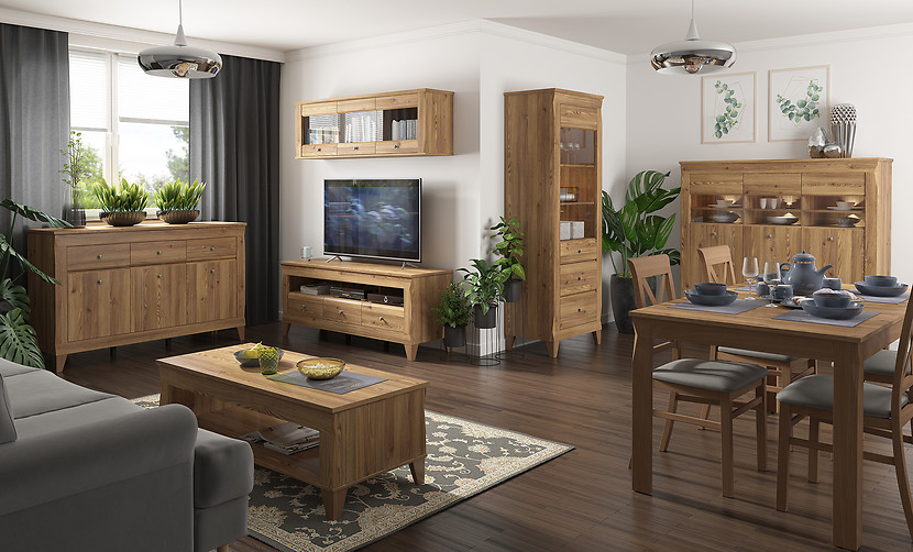 Witryna Bergen 102 cm z 2 drzwiami i 2 szufladami modrzew sibiu złoty