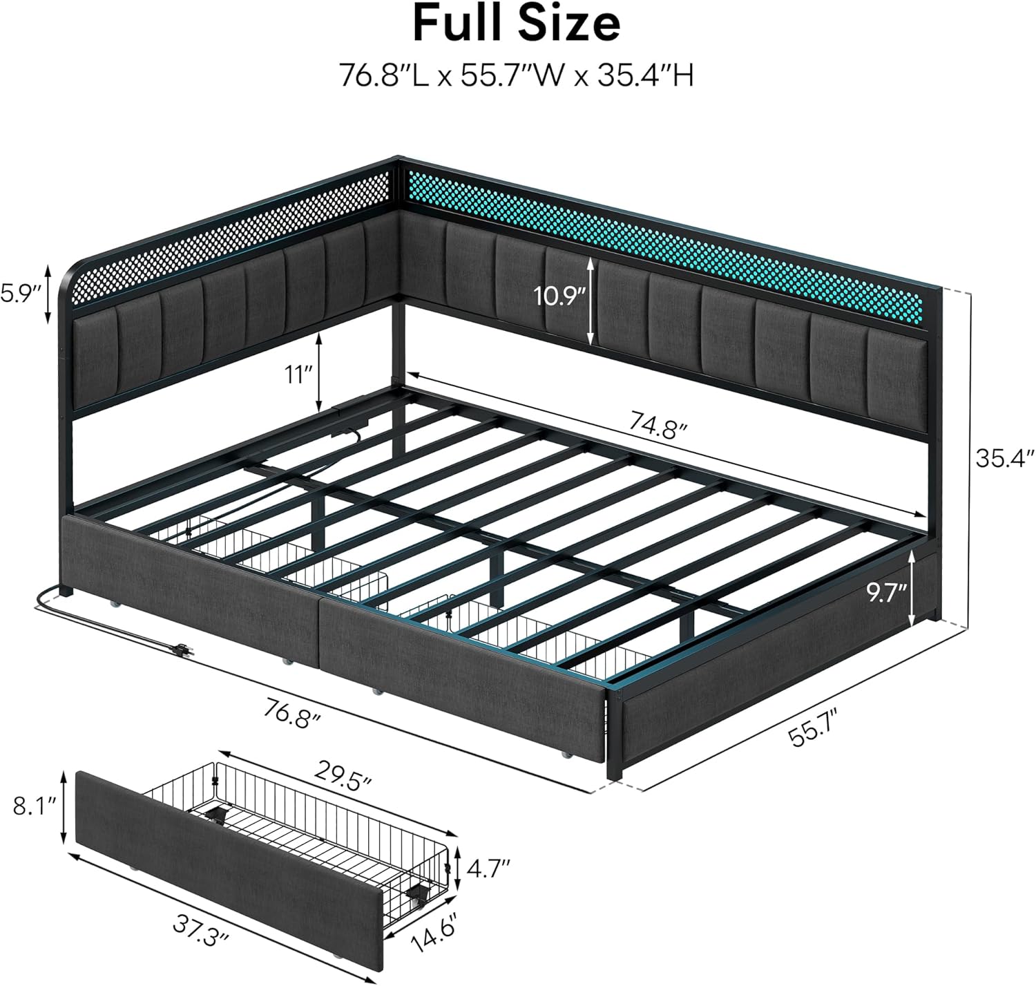 LIKIMIO Full Corner Bed Frame with Storage Drawers and Charging Station, Modern Full Daybed with LED Lights and Upholstered Guardrail, Gray