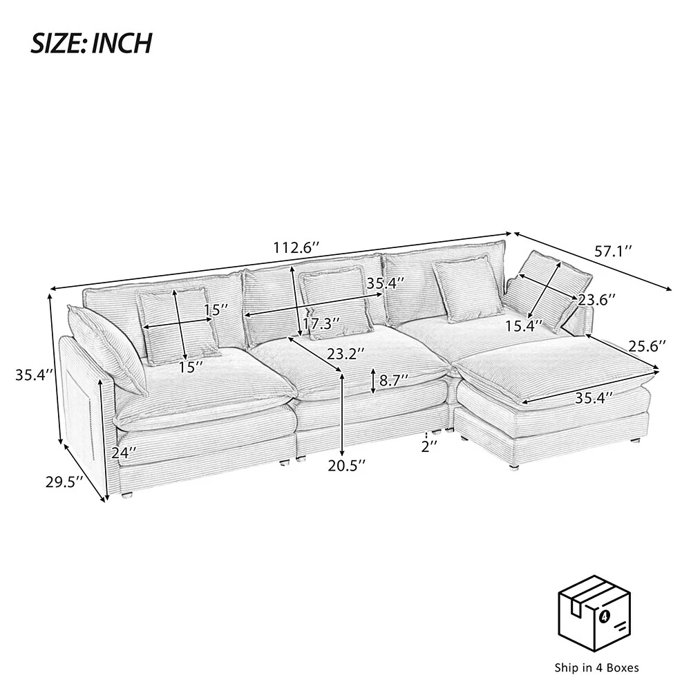 112.6 Spacious Corduroy Sectional Sofa,Modular Design,Hidden Storage