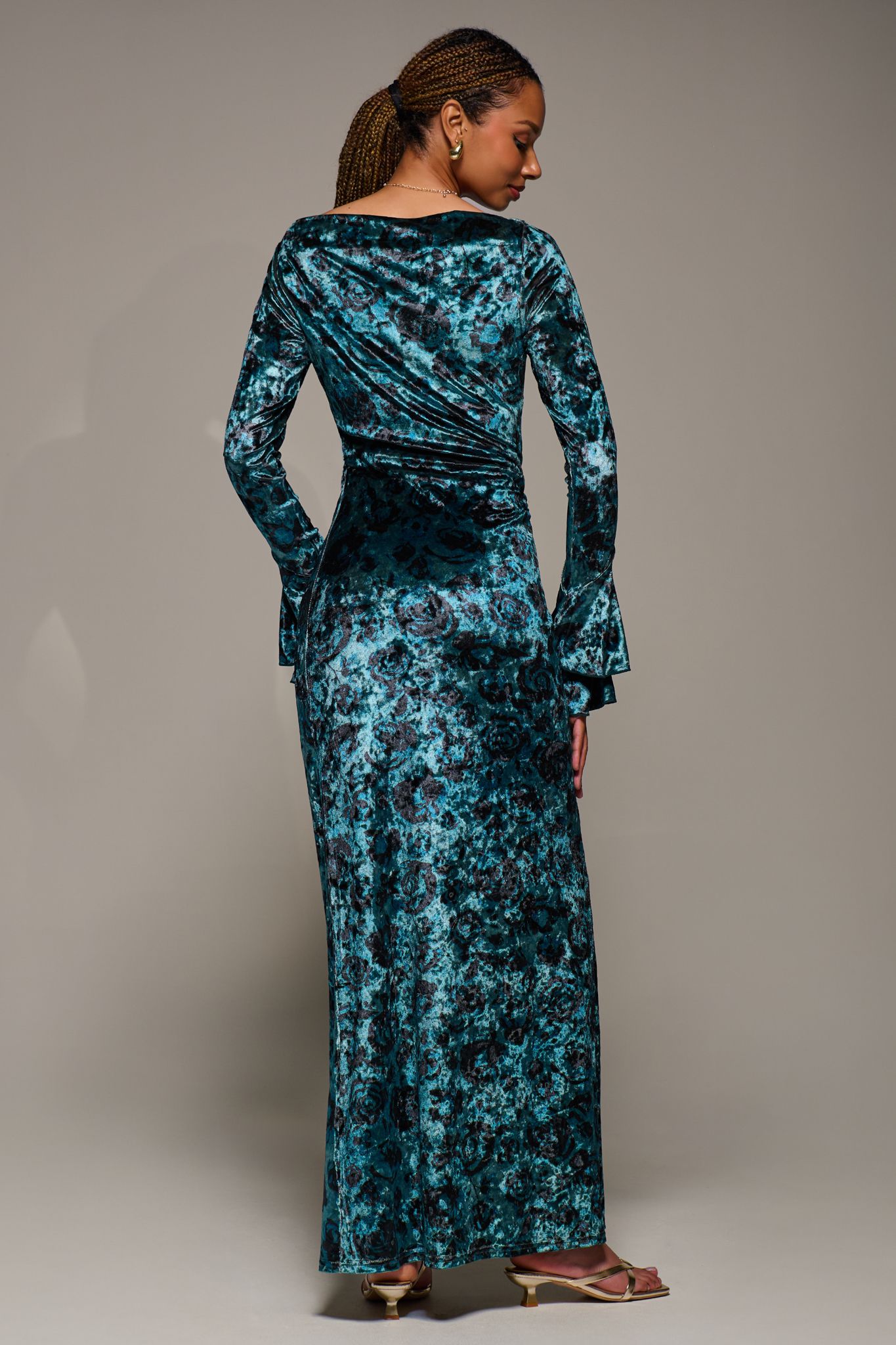 Jolie Moi Ruffle Sleeve Boat Neck Velvet Maxi Dress