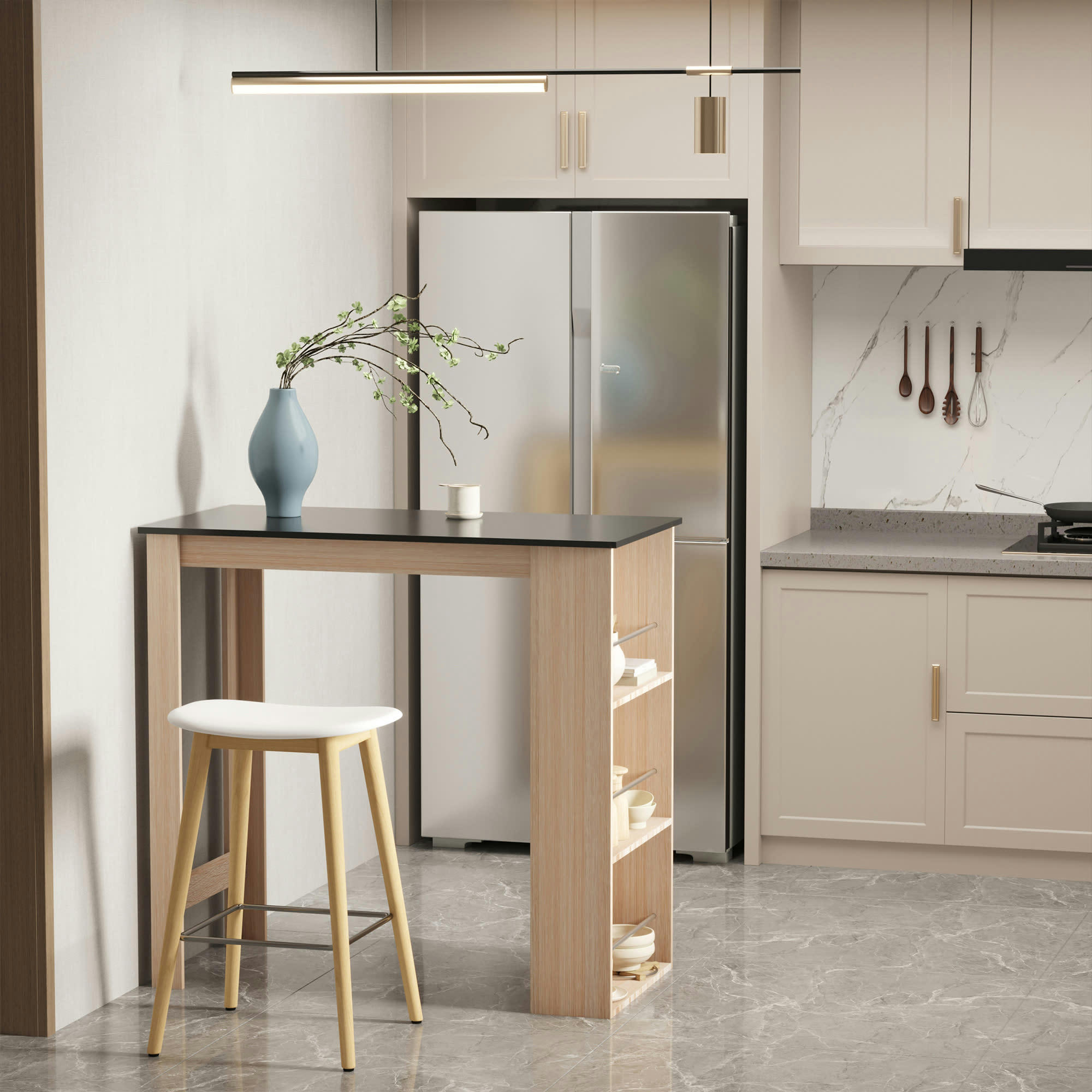 - Table de bar mange-debout - 3 étagères - aspect chêne clair noir