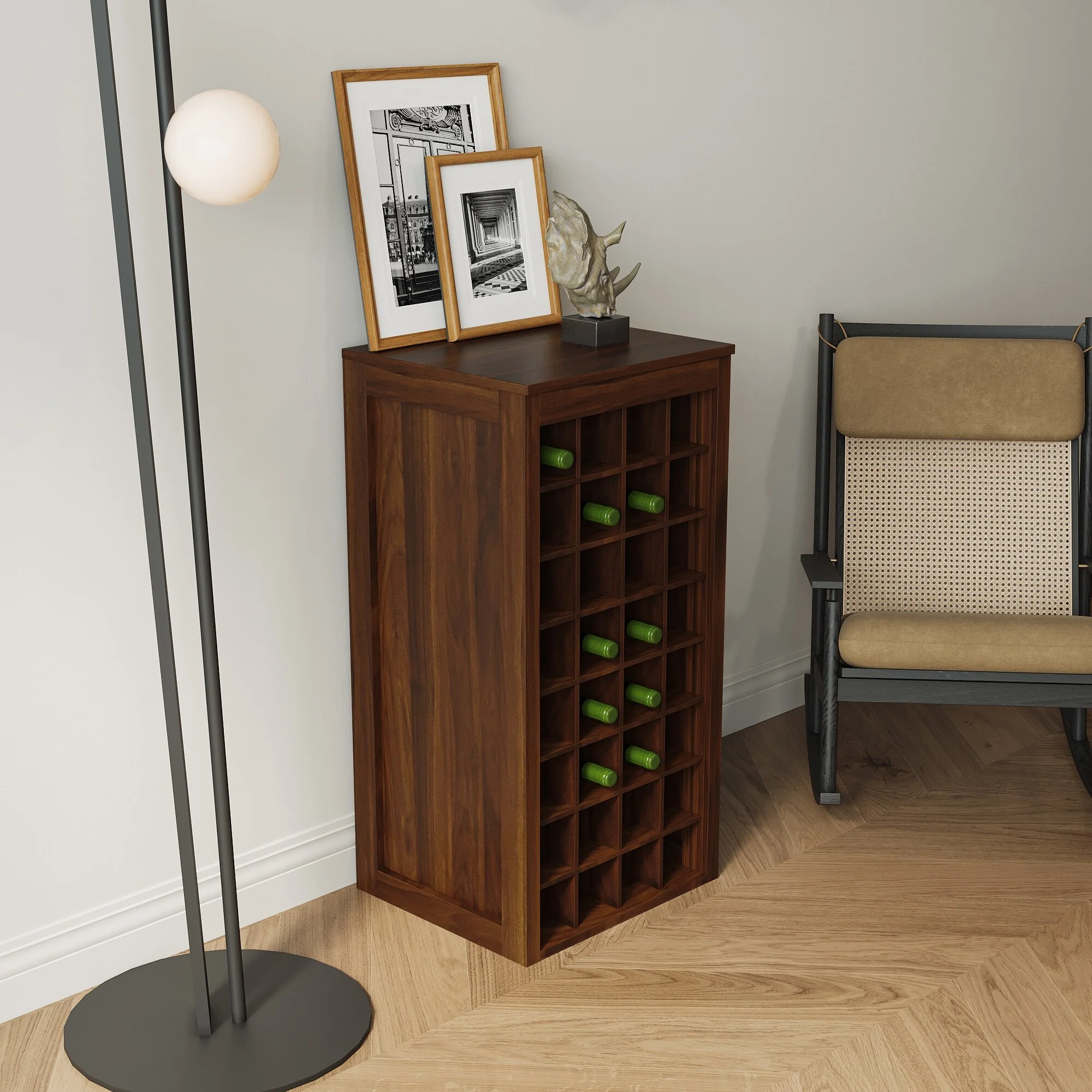 Brown Walnut Color Modular Wine Bar 32 Bottle Storage Cabinet Buffet - 15.95 x 17.80 x 35.43