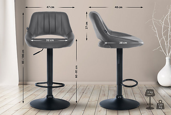 Lot de 2 tabourets de bar Milet similicuir, Chaise de bar pivotante avec repose-pieds et dossier Métalnoirmat/Gris