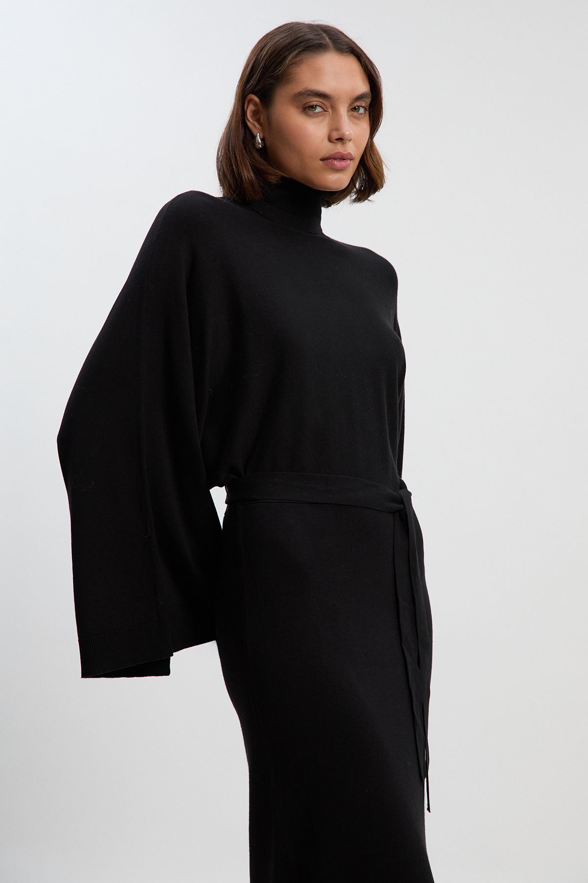 KarenMillen Viscose Blend Funnel Neck Belted Knitted Midi Dress