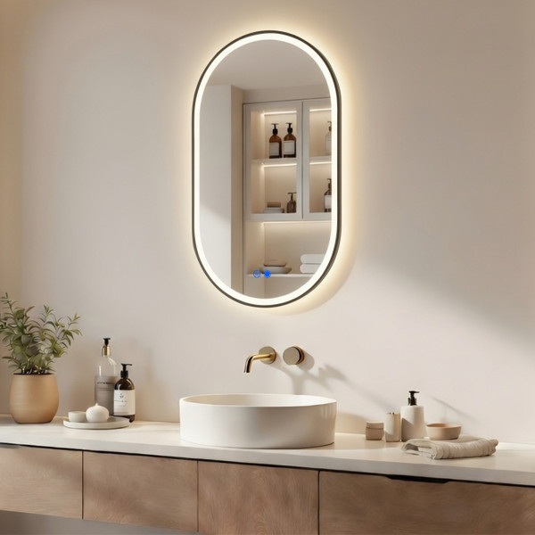 Lustro łazienkowe 50x80 czarny mat LED Dual dotyk   mata owalne