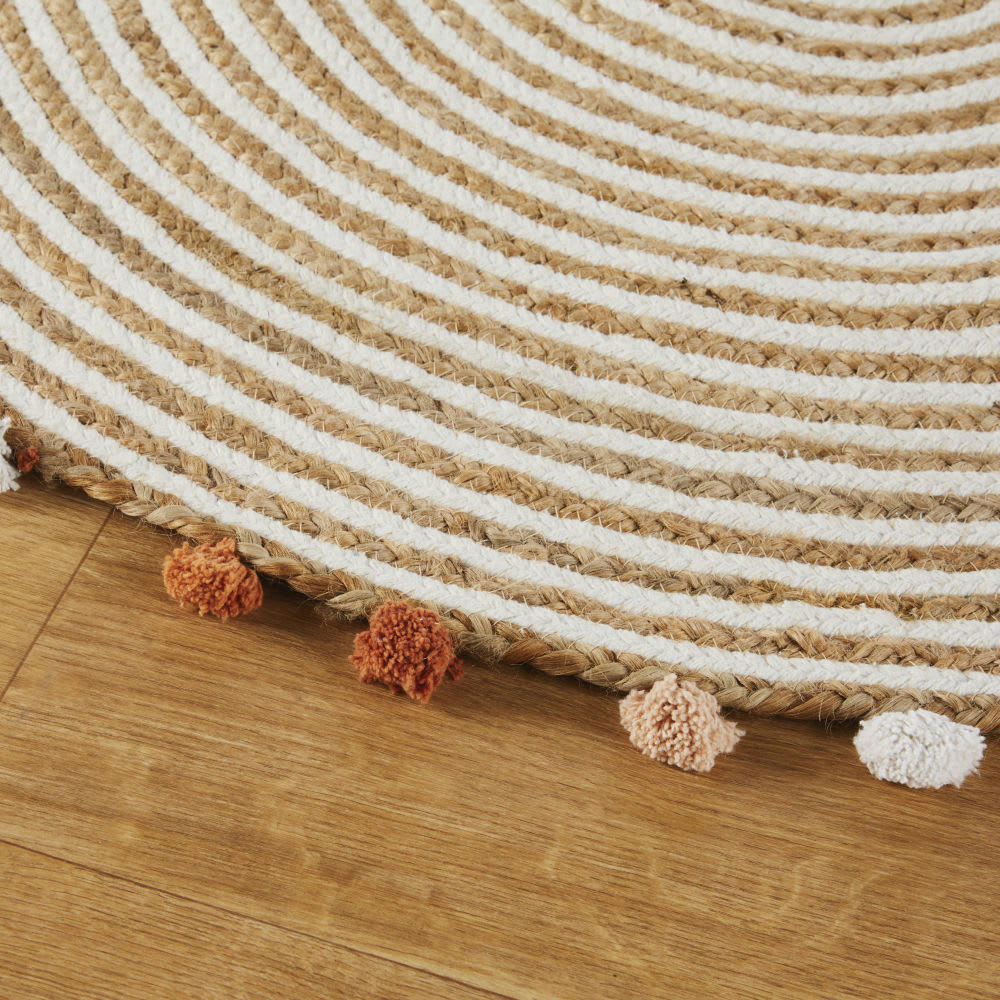 - Tapis rond spirale coton et jute avec pompons