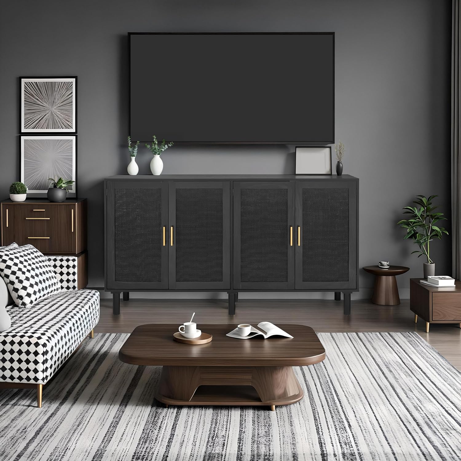 Finnhomy 4 Door Sideboard Buffet Cabinet, Kitchen Storage Buffet with Black Painted Rattan Decorated Doors, Cupboard Console Table, Boho Accent Liquor Cabinet, 62.3X 15.7X 34.6 Inches, Full Black