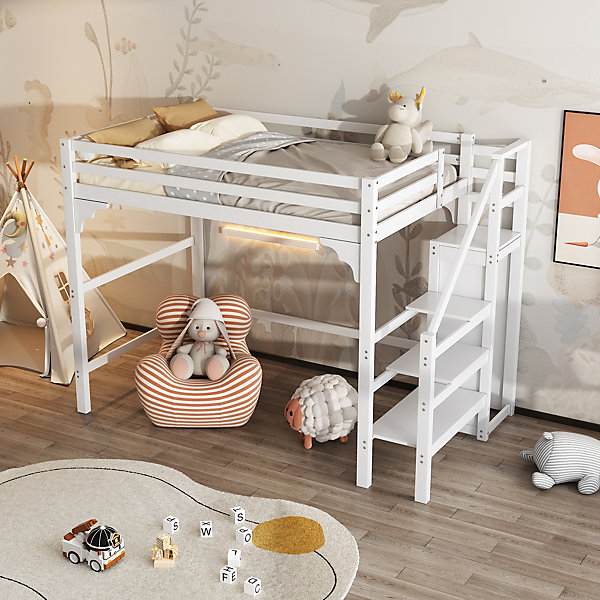 Lit mezzanine 140x200 cm - Lit avec sommier à lattes et penderie - Pin   MDF - Sans matelas - Blanc