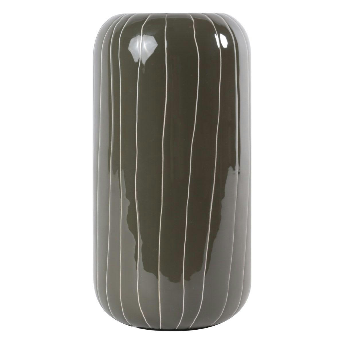 FYNN - Vase moderne bohème métal émaillé kaki rayé beige h 26 cm