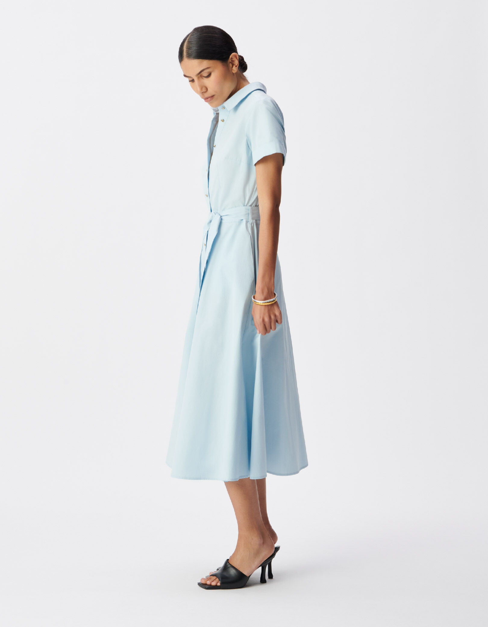 Robe chemise bleu ciel boutonnée ceinturée Femme
