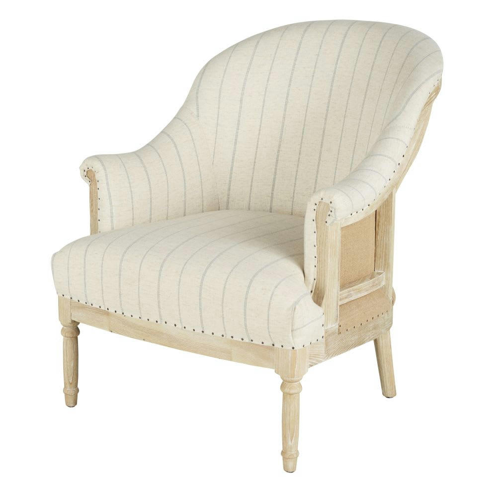 Polka - Fauteuil bergère en lin beige motifs à rayures