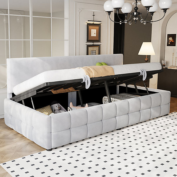 Lit 90x200 cm avec rangement hydraulique, tapissé velours gris clair, sans accoudoirs, design moderne
