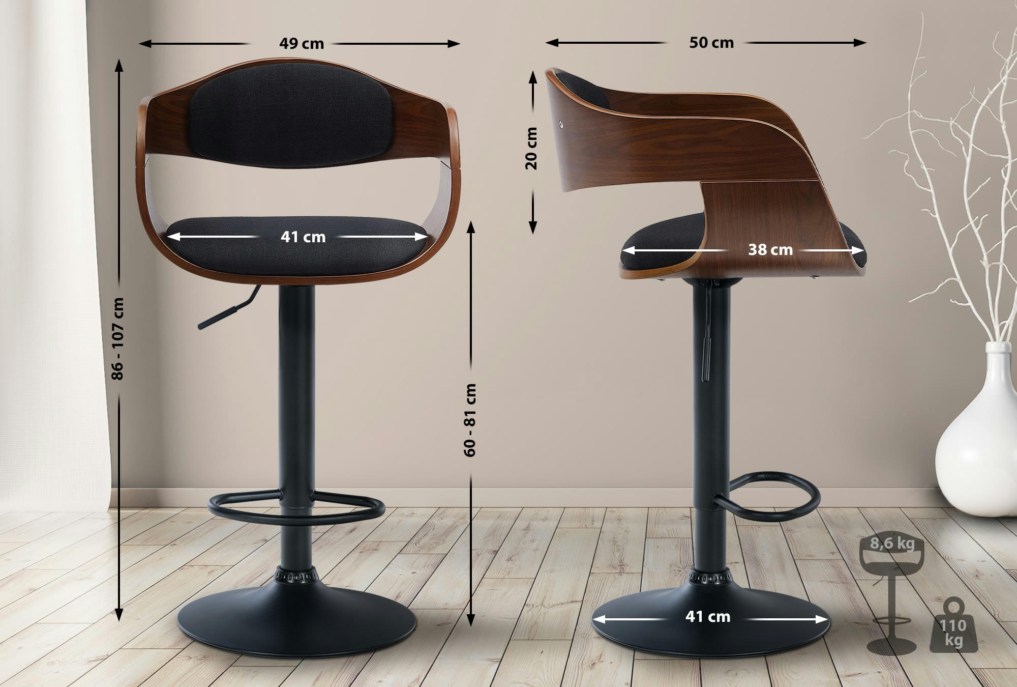 KINGSTON - Tabouret de bar ajustable pivotant tissu Noyer / Noir