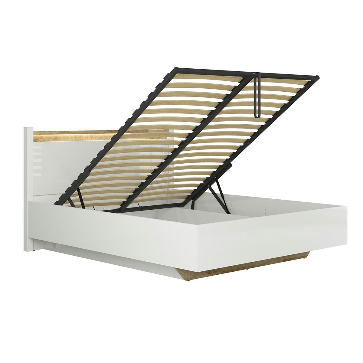 - Lit coffre 160x200 sommier inclus avec led blanc laqué et naturel
