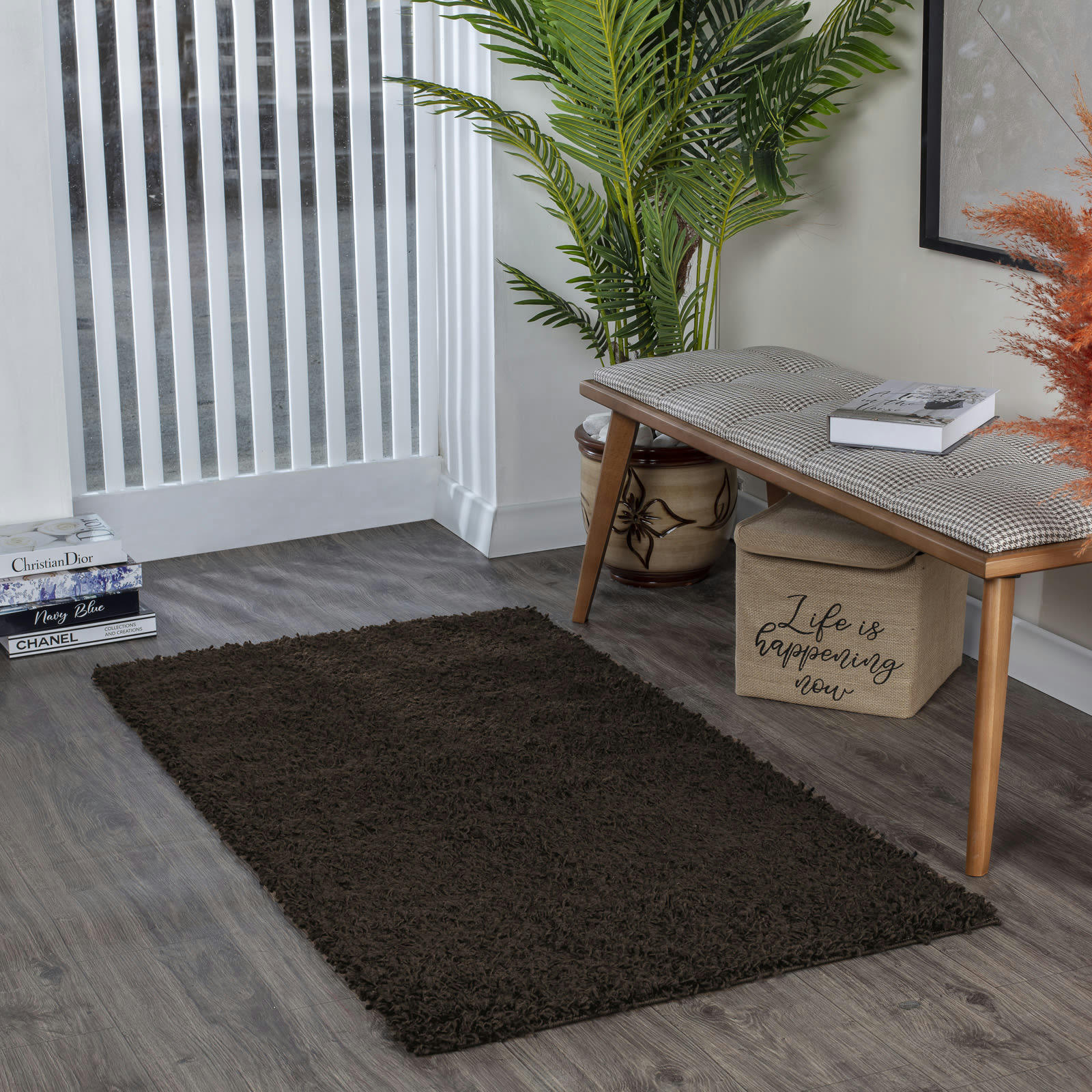 LILLY - Tapis de Couloir Shaggy Uni Chic Marron Foncé 80x150